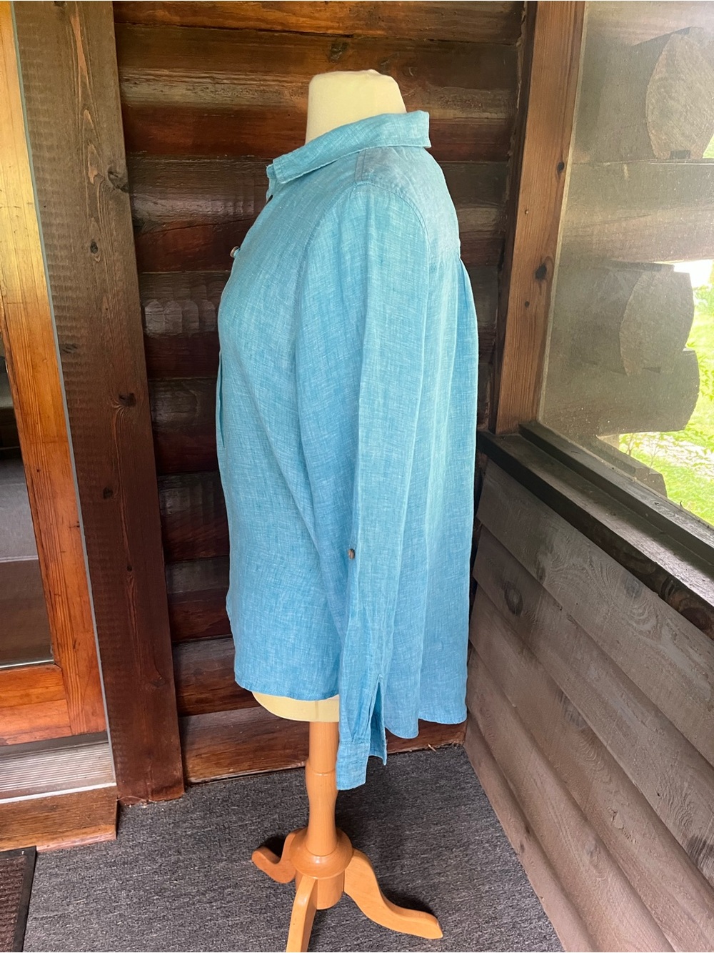 Sigrid Olsen Linen Button-Up Shirt in Aqua Blue - Picture 4 of 4